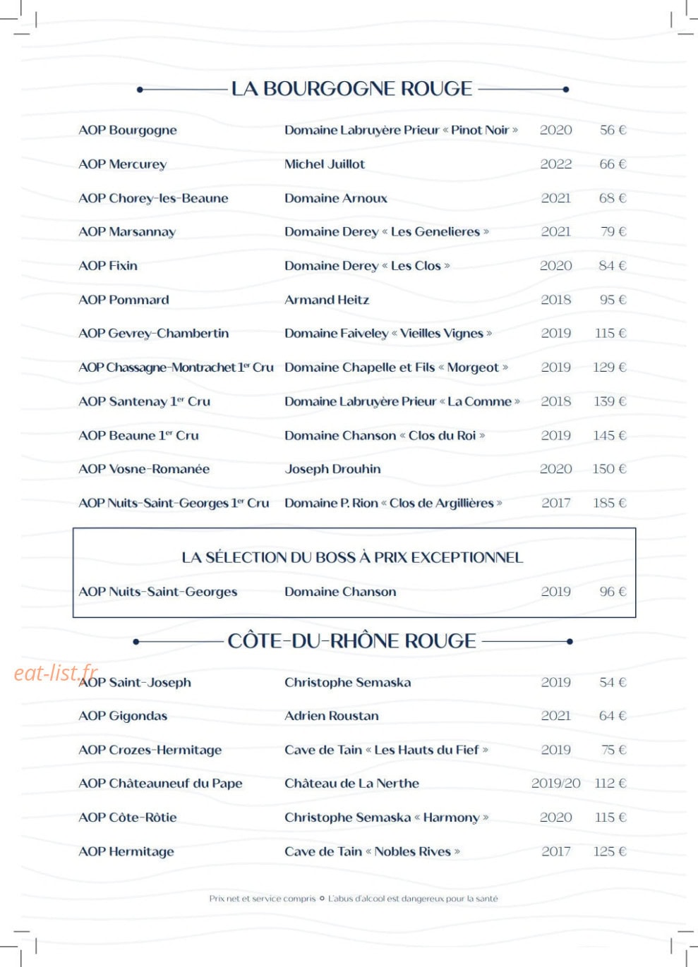 Carte et menu de Villa Foggia à Cagnes sur Mer — La bourgogne rouge et côtes-du-Rhône rouge