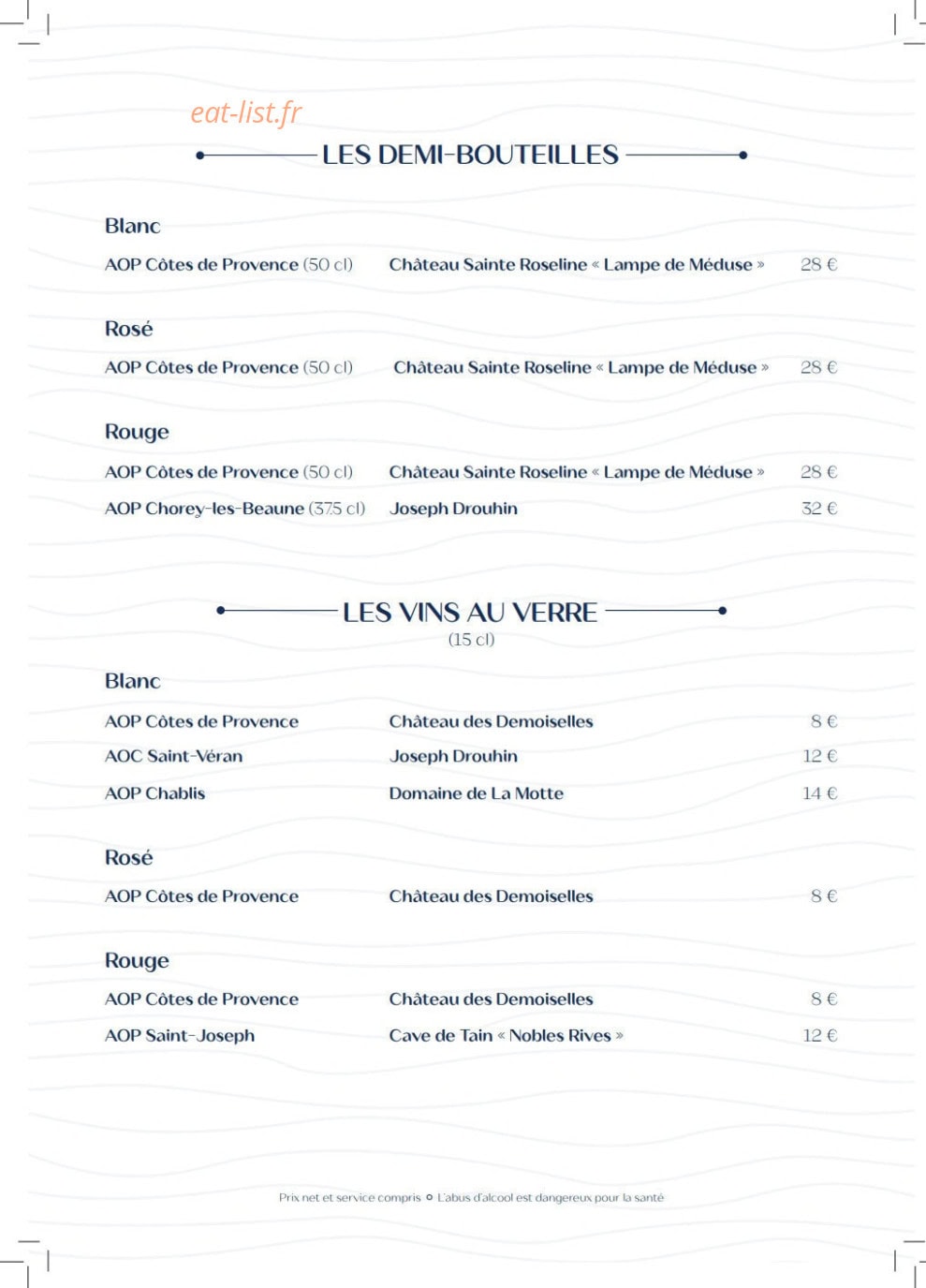 Carte et menu de Villa Foggia à Cagnes sur Mer — Les demis bouteilles et vins au verre