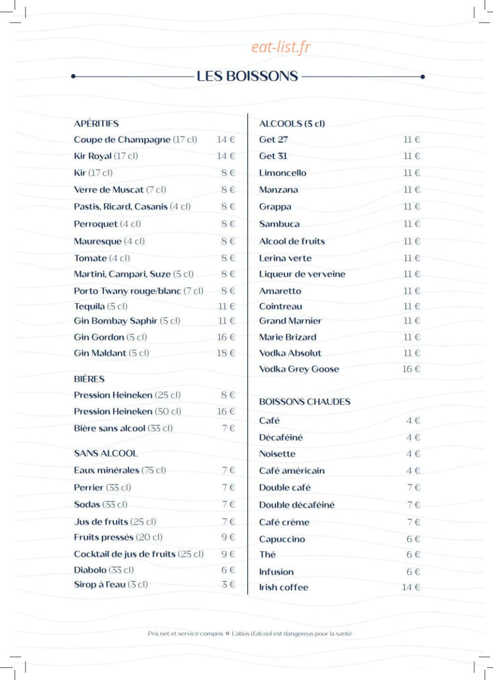 Carte et menu de Villa Foggia à Cagnes sur Mer — Les boissons suite