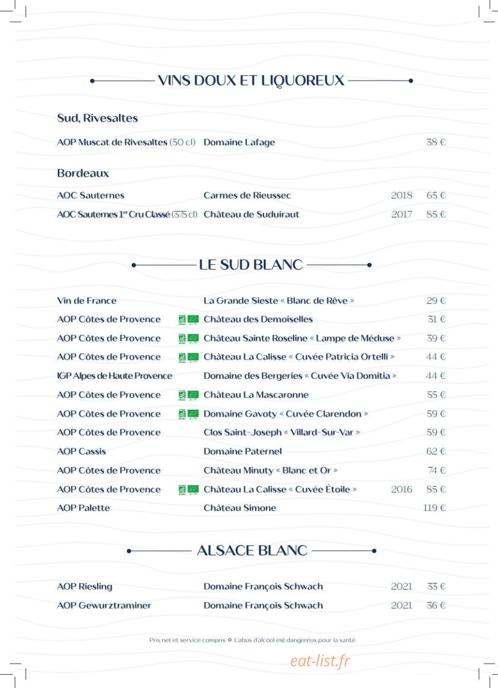 Carte et menu de Villa Foggia à Cagnes sur Mer — Les vins doux, liquoreux et sud blanc
