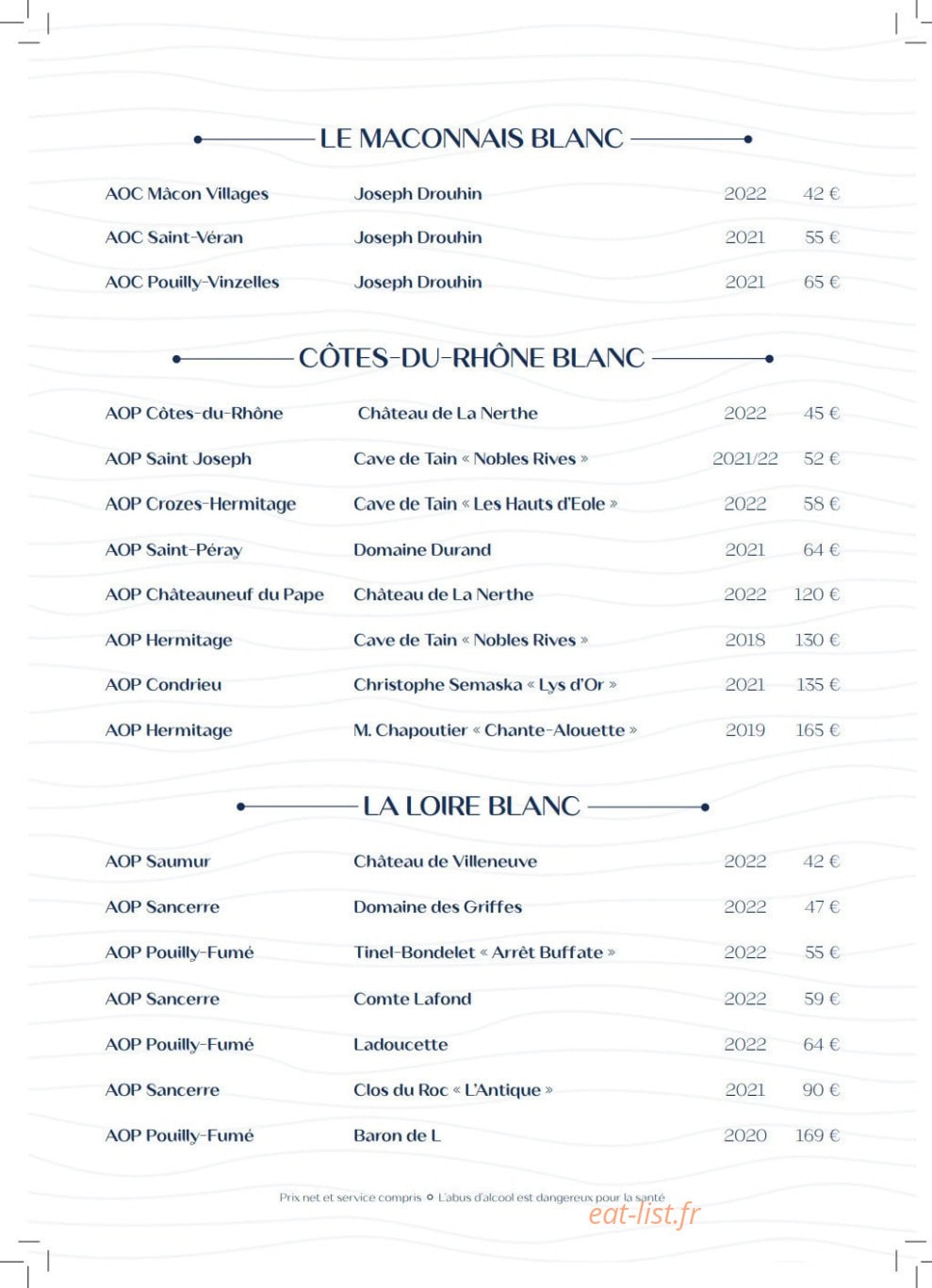 Carte et menu de Villa Foggia à Cagnes sur Mer — Le mâconnais blanc, côtes-du-Rhône blanc et la loire blanc
