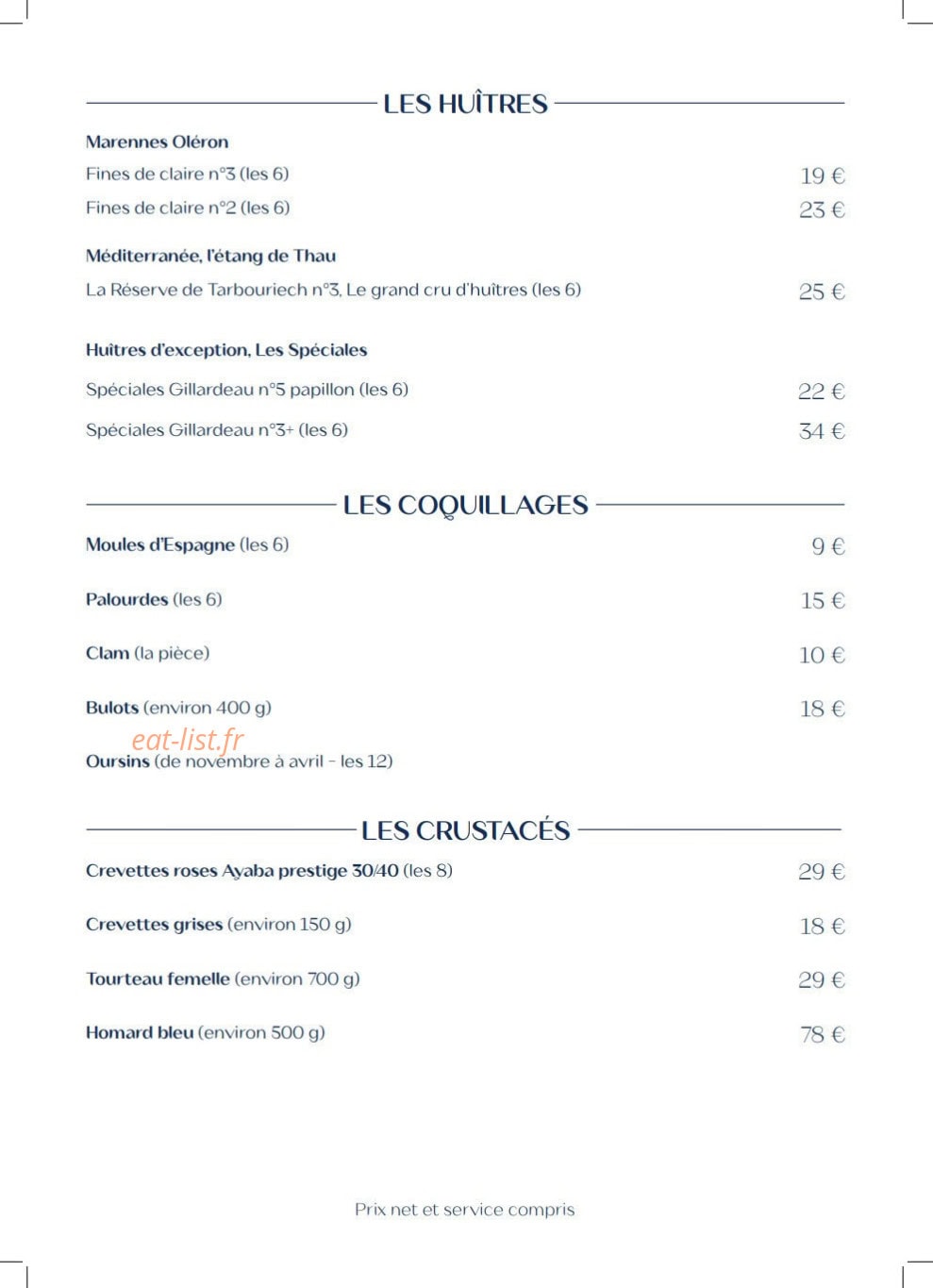 Carte et menu de Villa Foggia à Cagnes sur Mer — Les huîtres, coquillages et crustacés