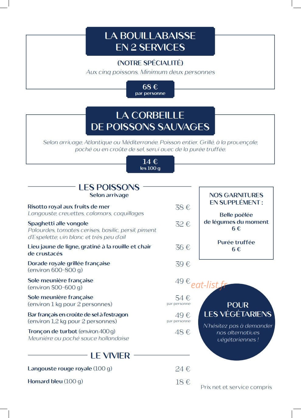 Carte et menu de Villa Foggia à Cagnes sur Mer — Les poissons, garnitures et vivier, ...