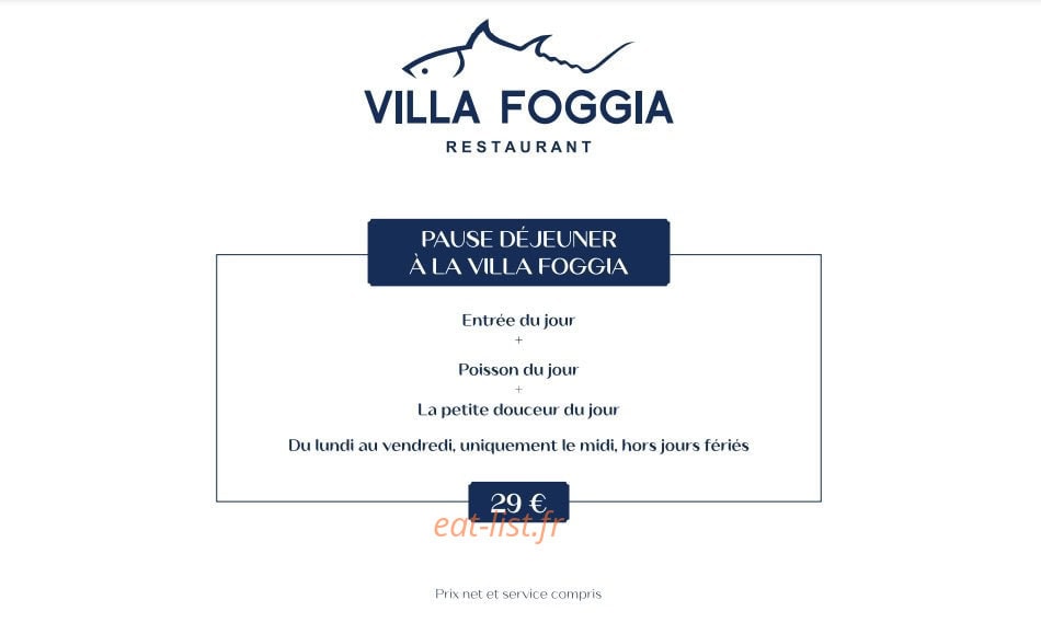Carte et menu de Villa Foggia à Cagnes sur Mer — Menu 29€