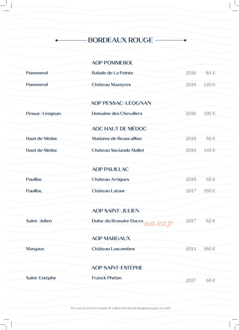 Carte et menu de Villa Foggia à Cagnes sur Mer — Bordeaux rouge