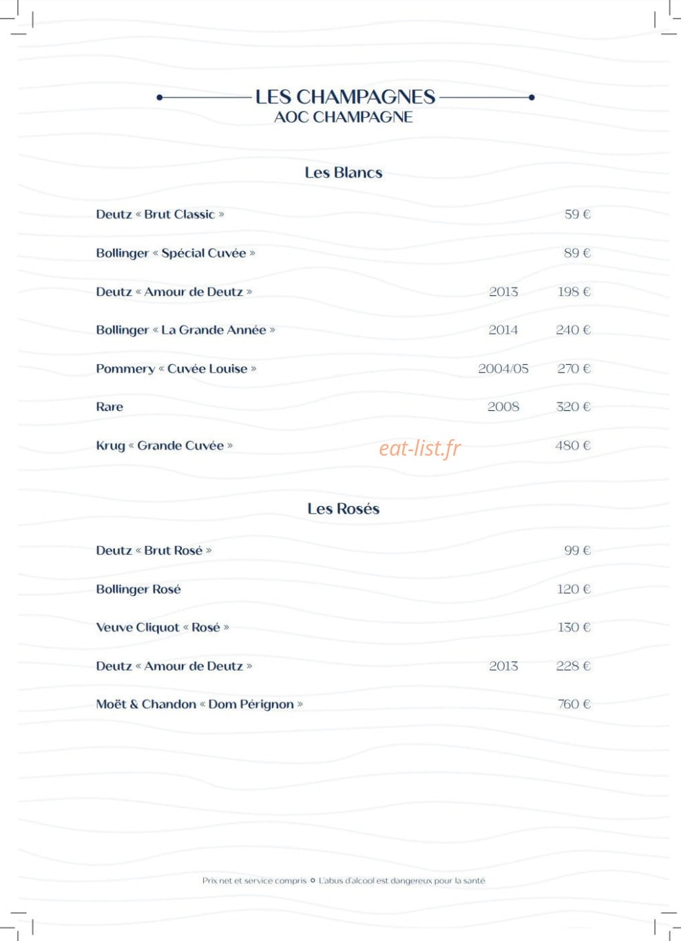 Carte et menu de Villa Foggia à Cagnes sur Mer — Les champagnes