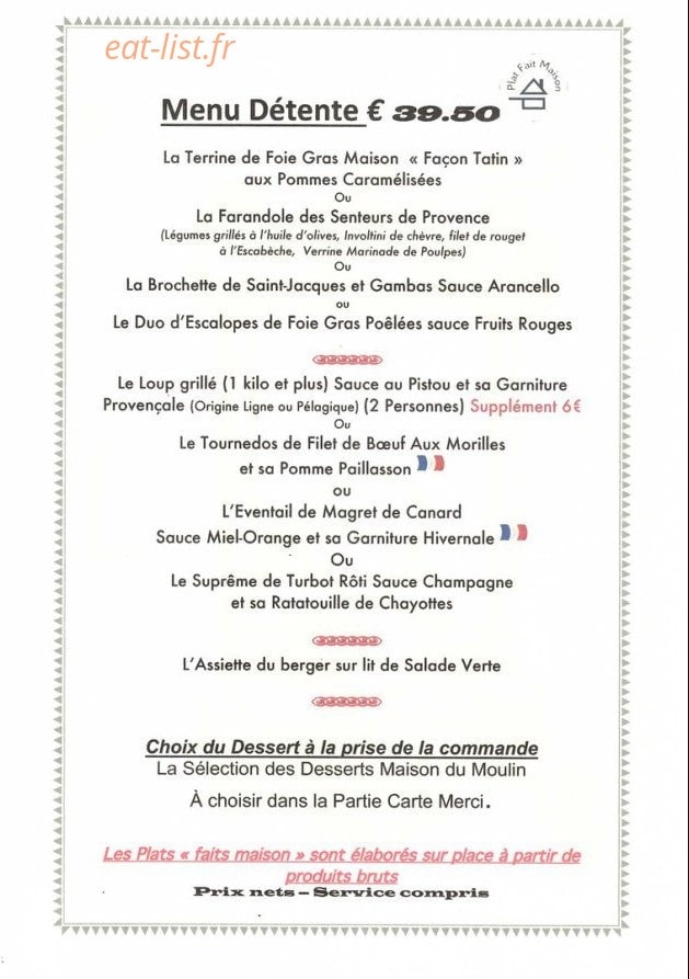 Carte et menu de Le moulin du salut à Auribeau sur Siagne — Menu détente