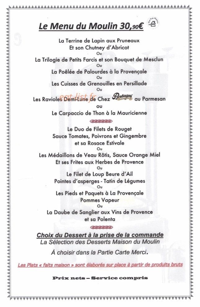Carte et menu de Le moulin du salut à Auribeau sur Siagne — Menu du moulin