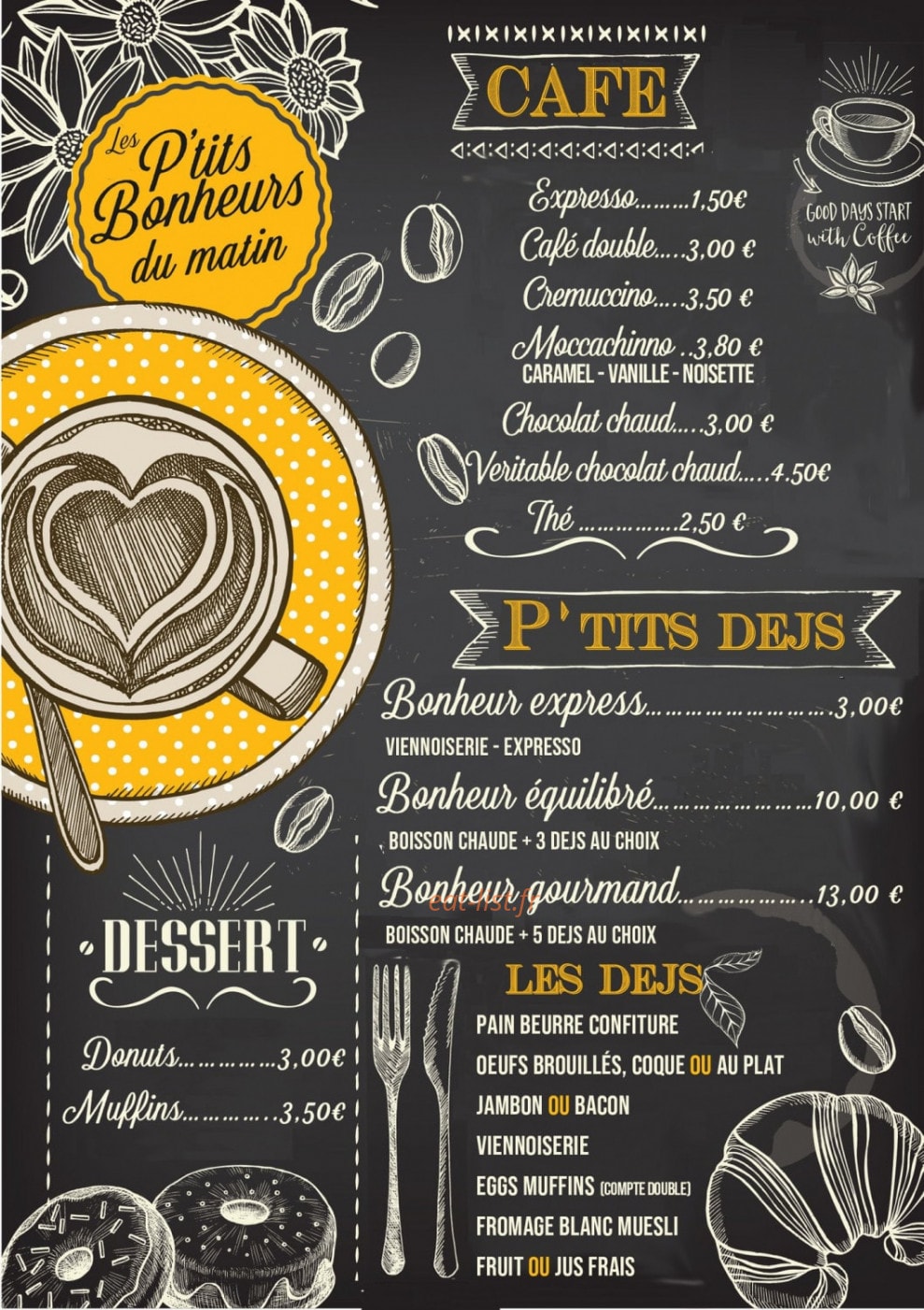 Carte et menu de Les p'tits bonheurs à Auribeau sur Siagne — Les cafés, p'tits dejs, ...