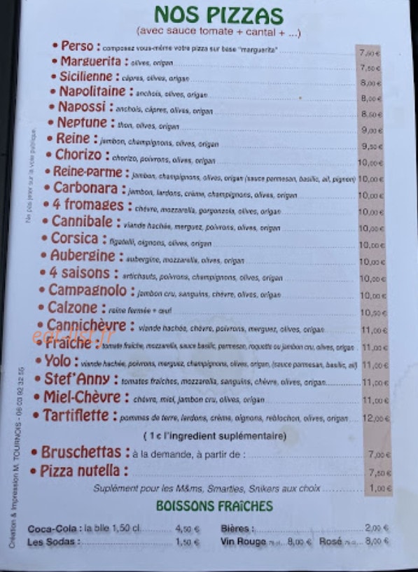 Stef' Anny Pizza — carte page 1
