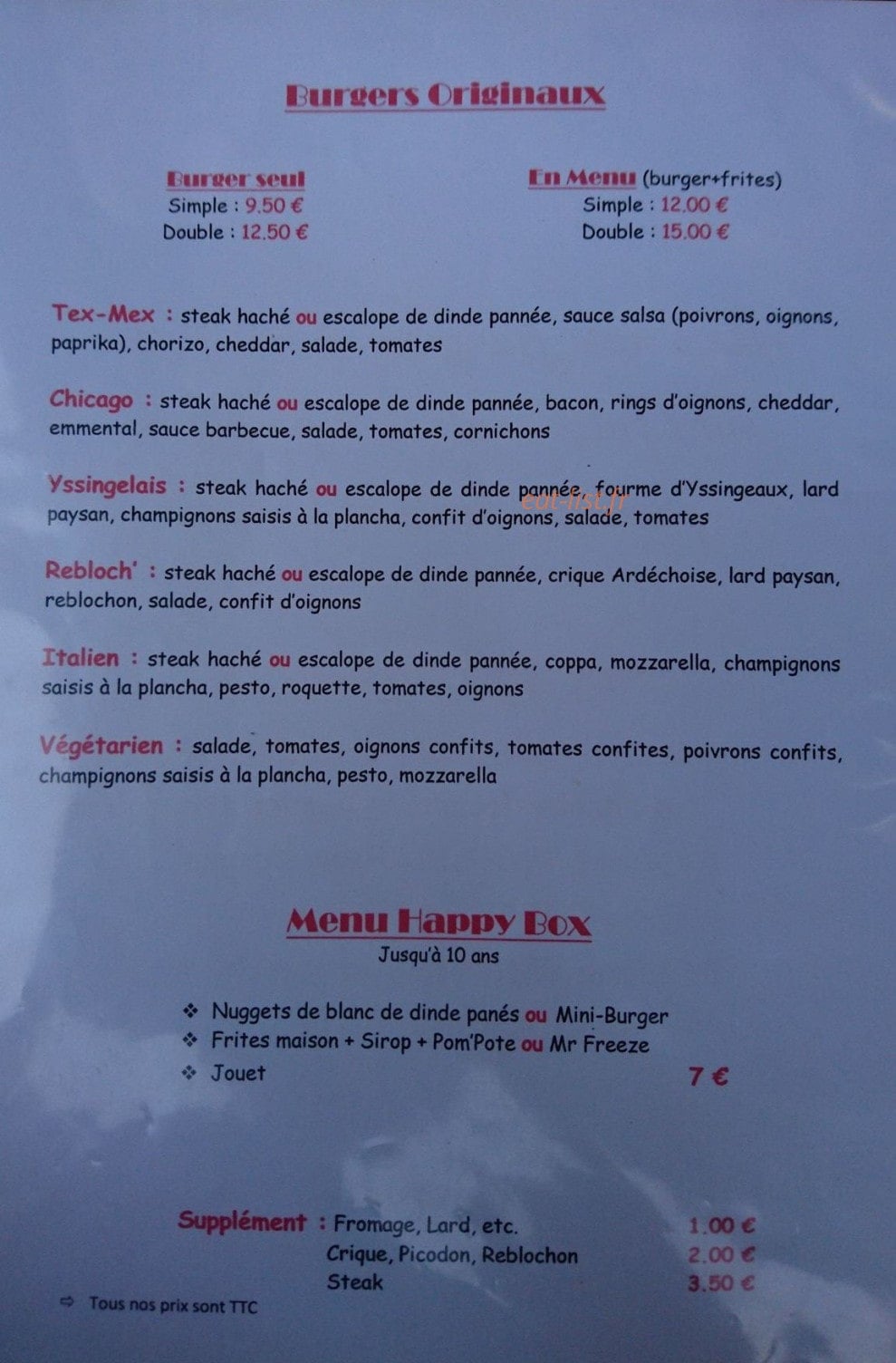 Burger Bar — carte page 1