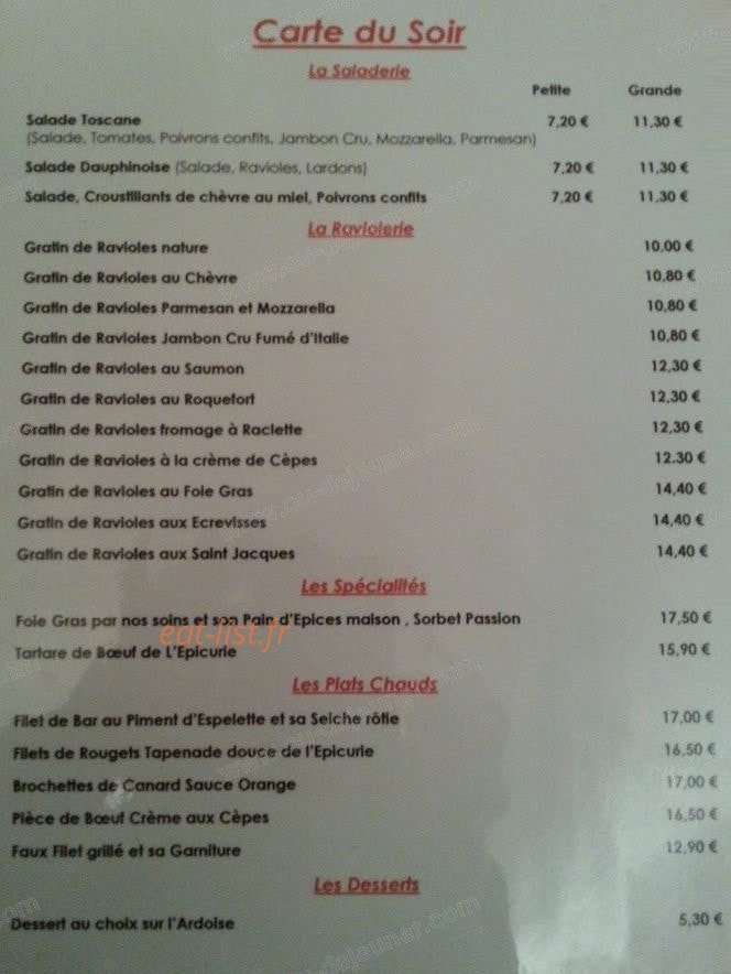 Restaurant L'Epicurie — carte page 2