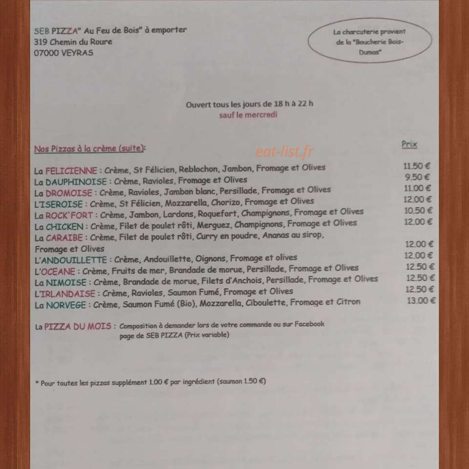Seb Pizza — carte page 2
