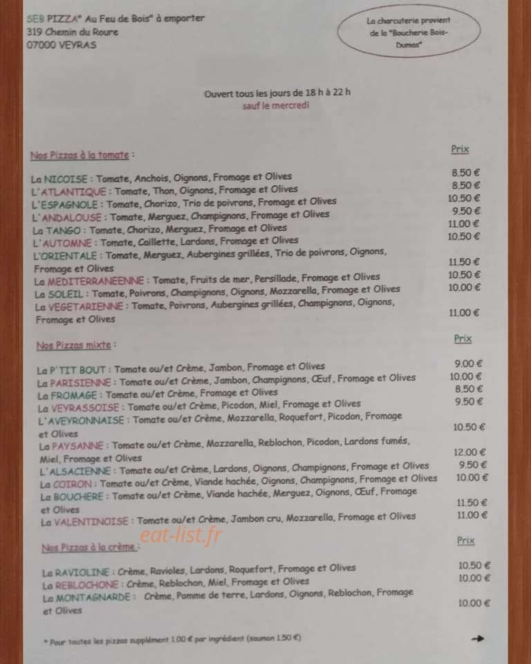 Seb Pizza — carte page 1