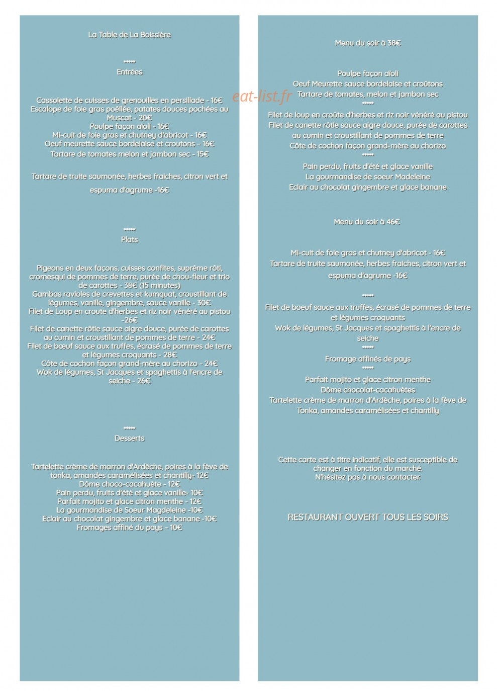 La Table de La Boissière — carte page 1