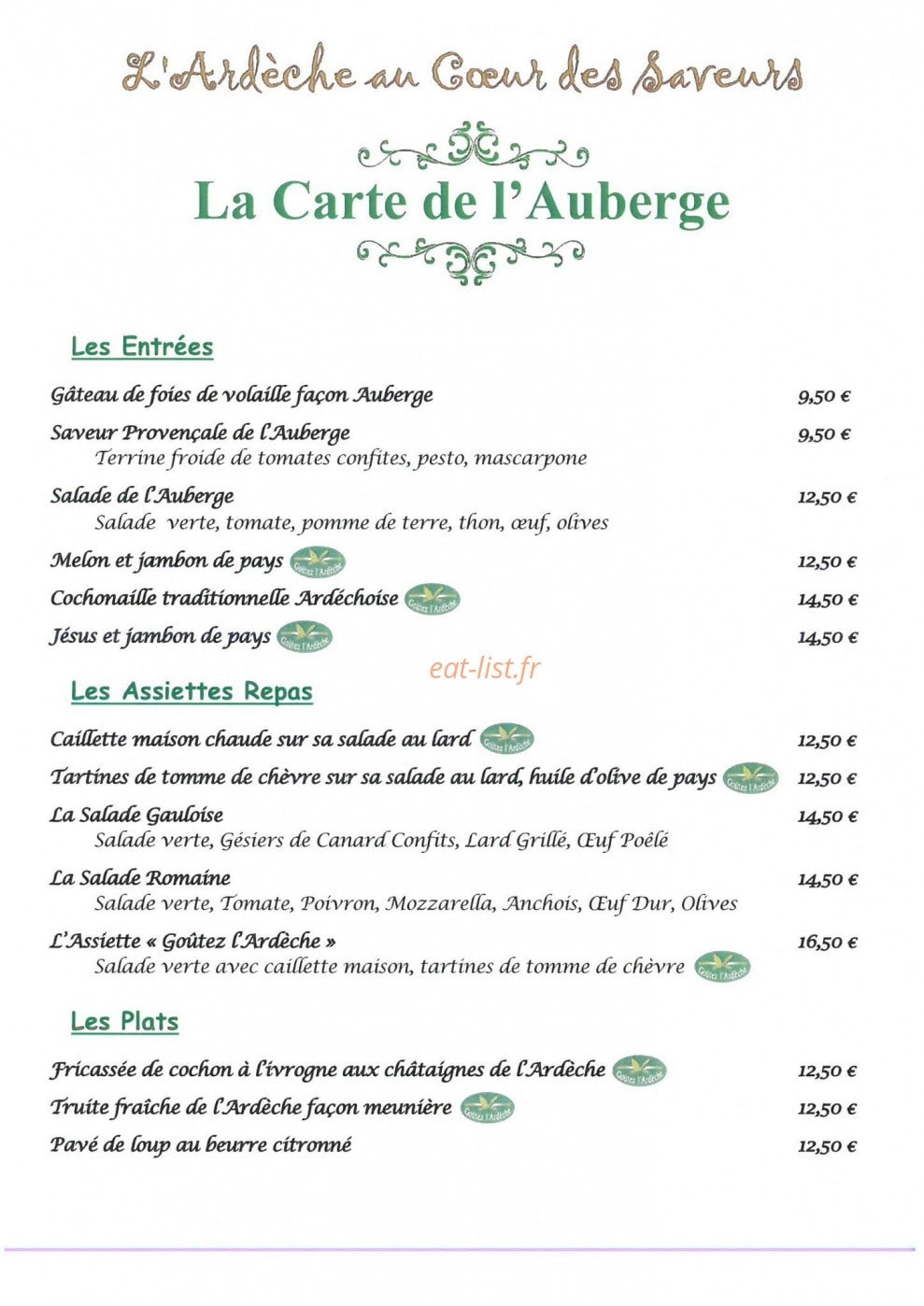 Auberge du Pont d'Arc — carte page 1