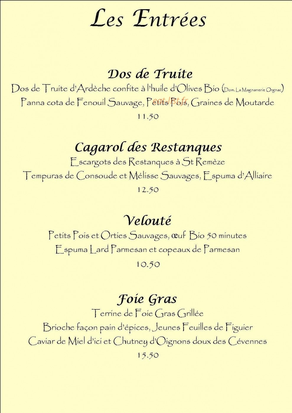 Le Restaurant de Chames — carte page 1