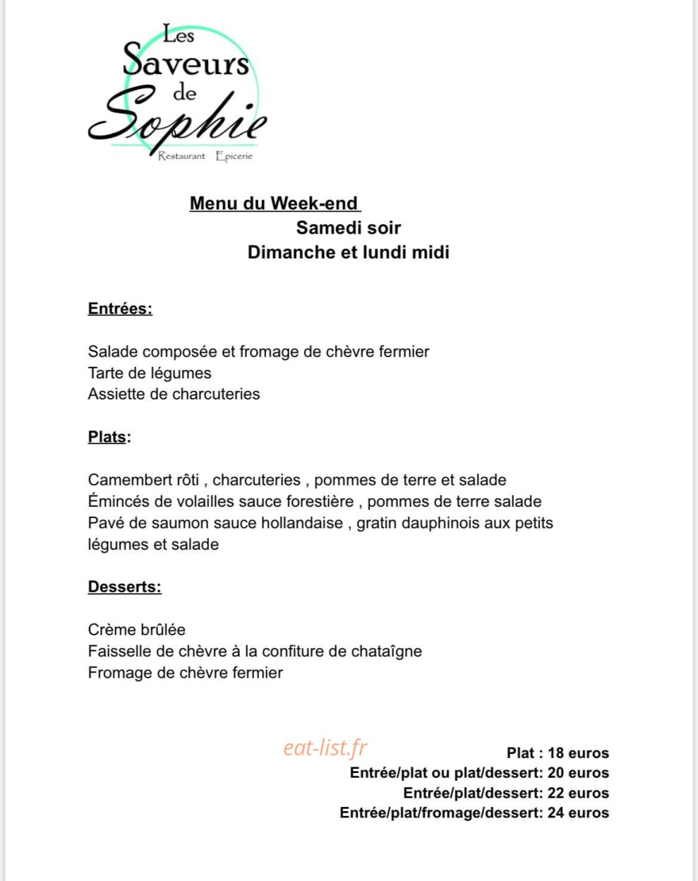 Les Saveurs de Sophie — carte page 1