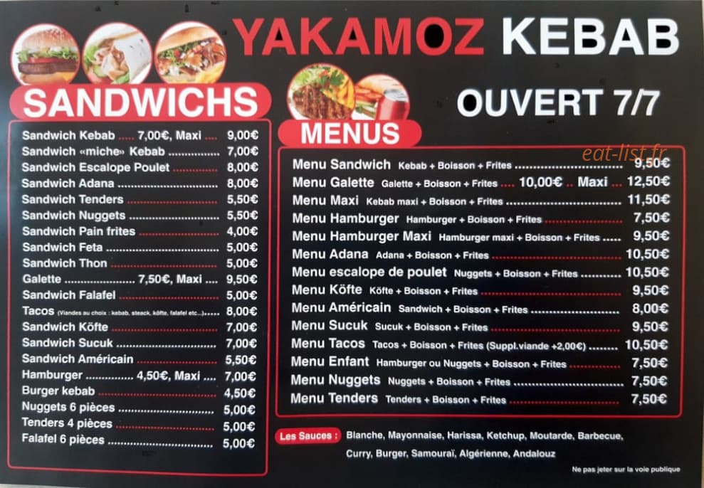 Yakamoz Kebab — carte page 1