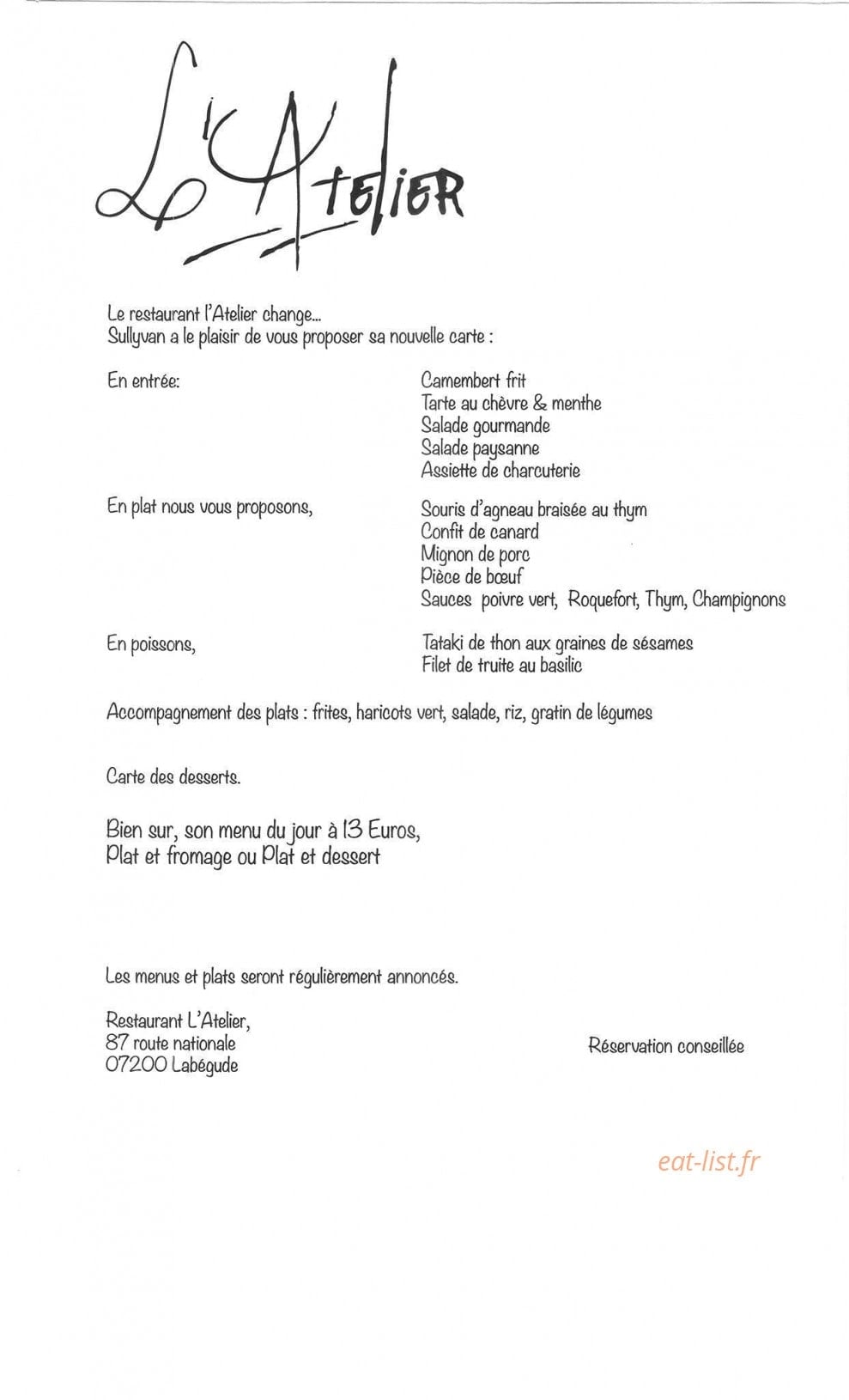 Resto L'atelier — carte page 2
