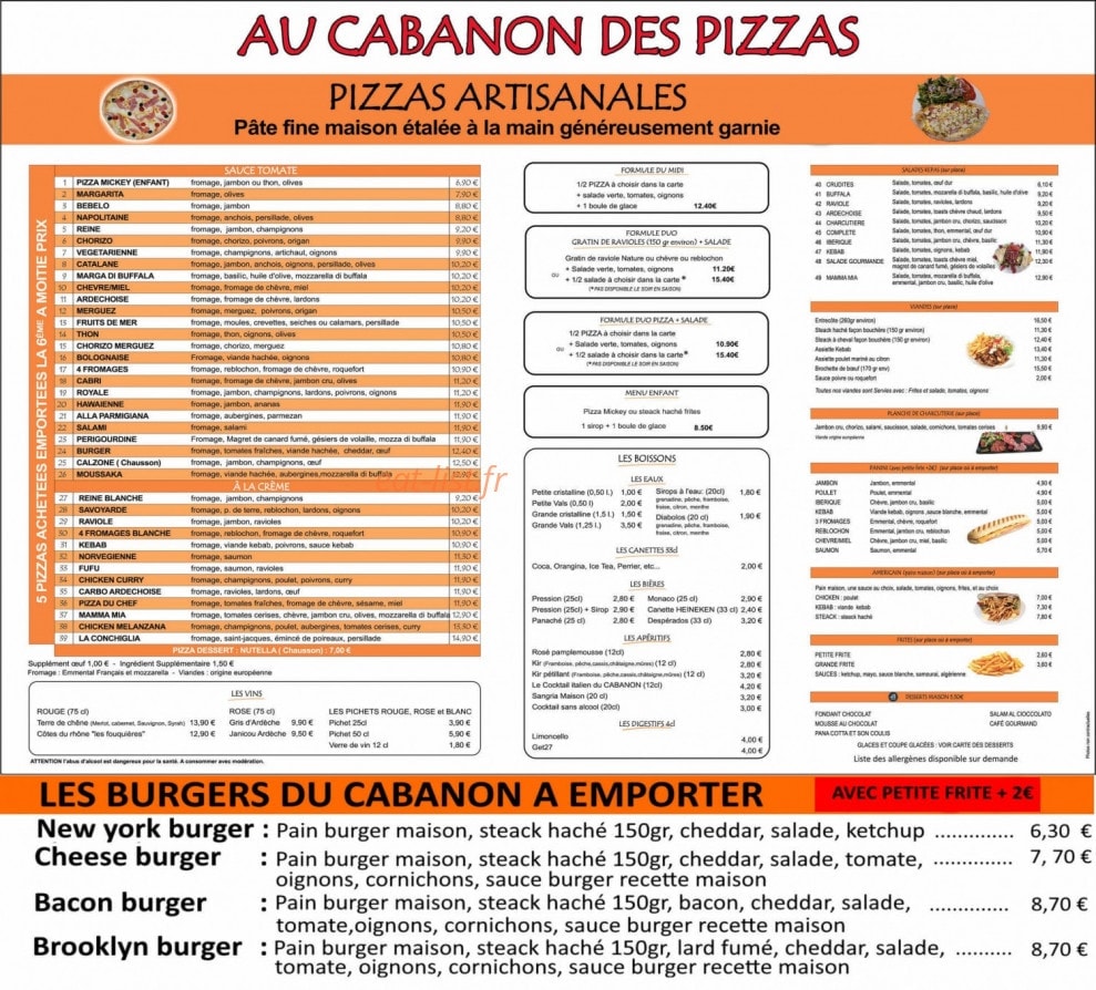 Au cabanon des pizzas — carte page 1