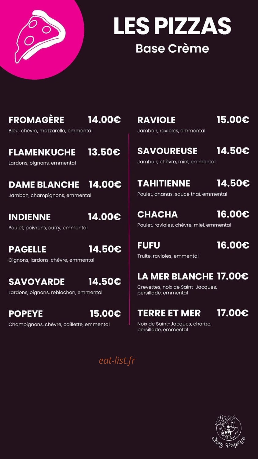 Carte et menu de Chez Popeye à Vogue — Pizzas base creme