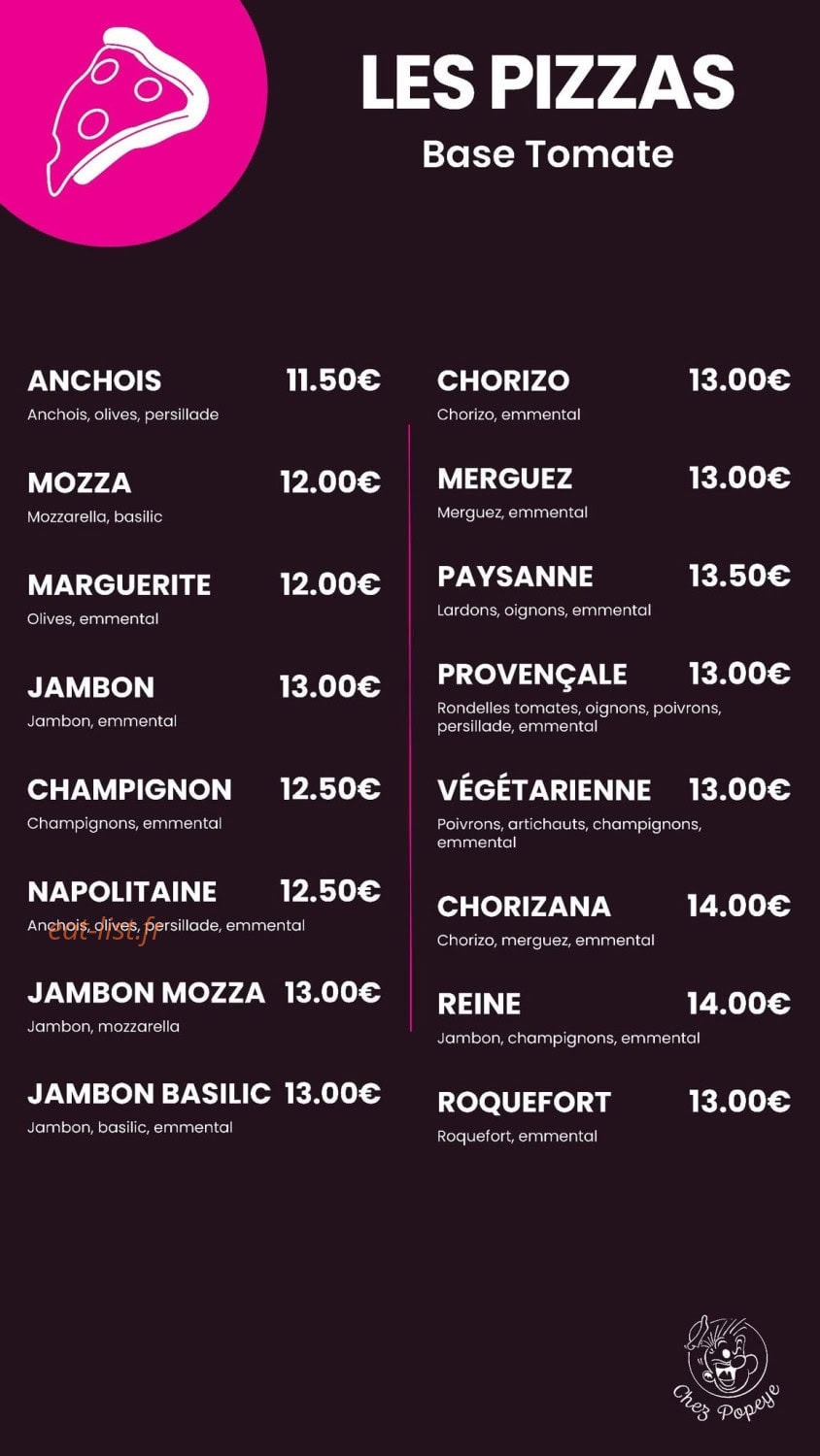 Carte et menu de Chez Popeye à Vogue — Pizzas base tomate