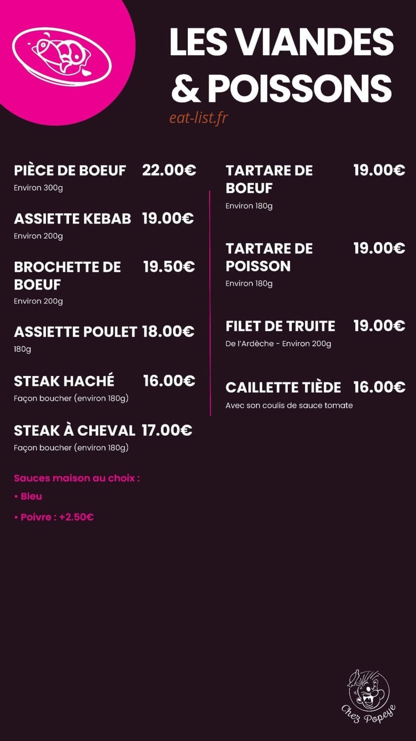 Carte et menu de Chez Popeye à Vogue — Viandes et poissons