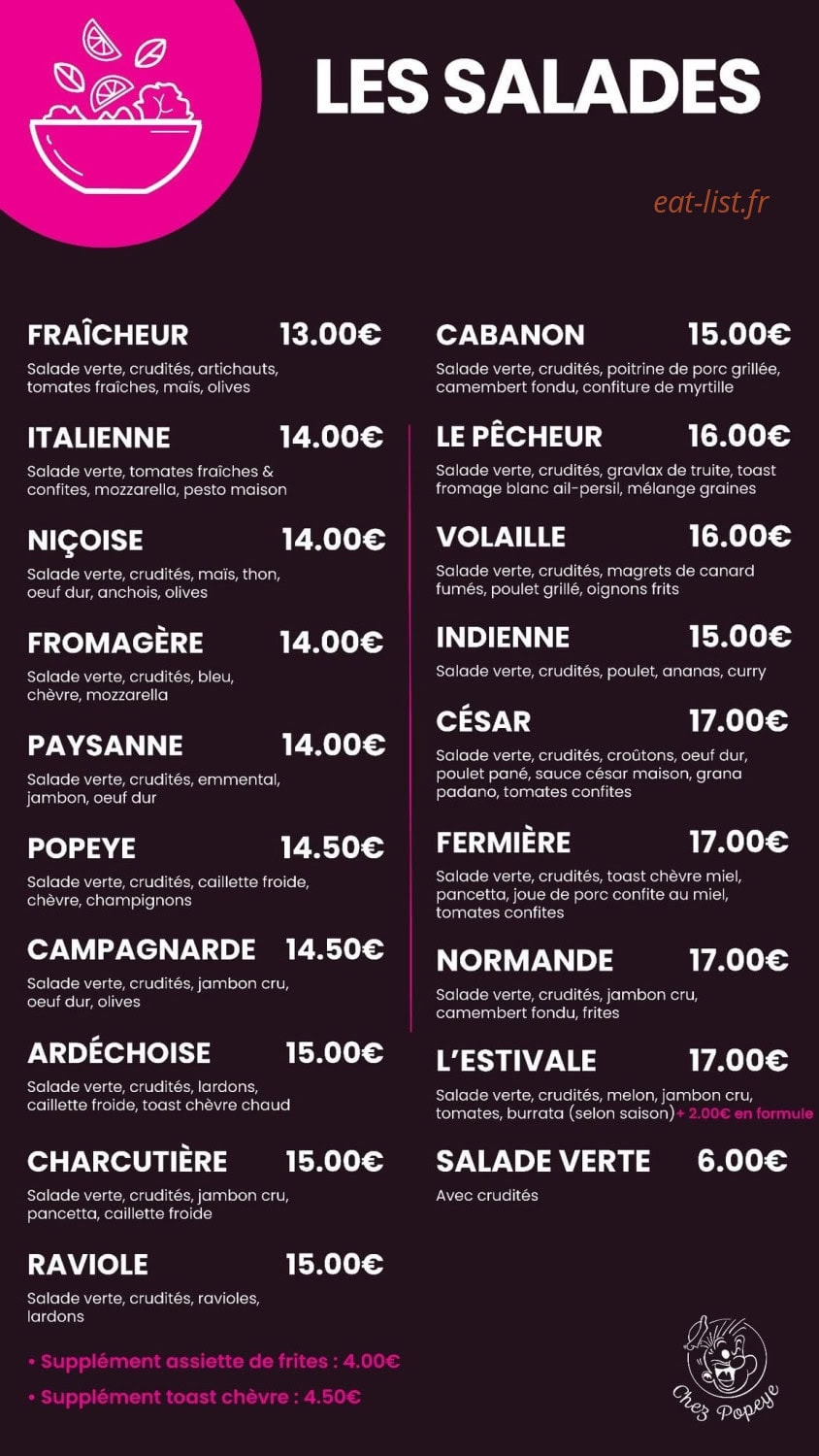Carte et menu de Chez Popeye à Vogue — Salades