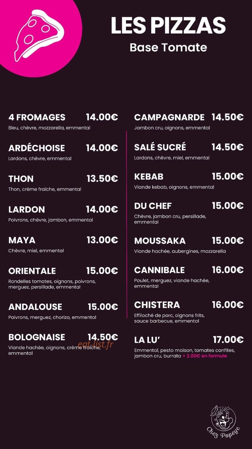 Carte et menu de Chez Popeye à Vogue — Pizzas base tomate