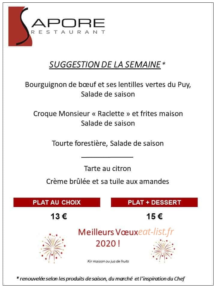 Sapore Restaurant — carte page 1