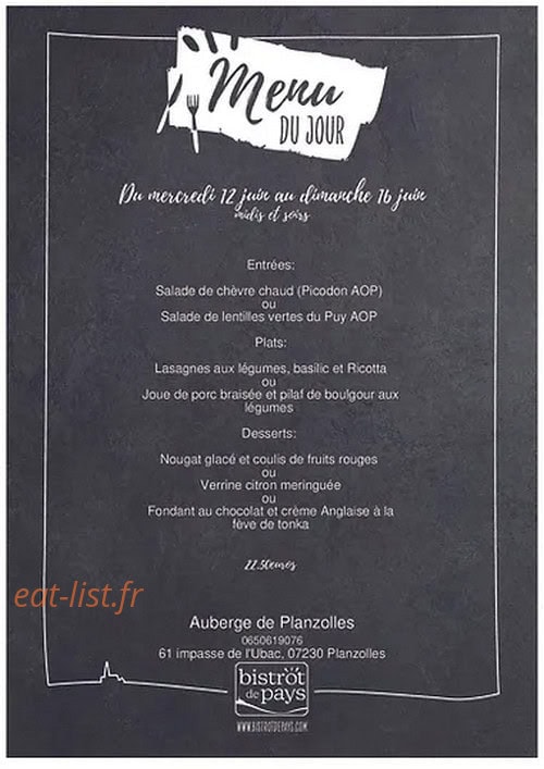 Auberge de Planzolles — carte page 1