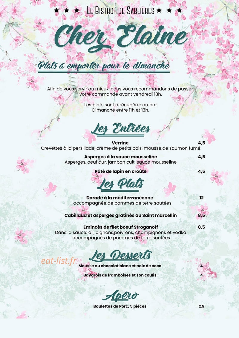 Carte et menu de Le bistrot de Sablières: Chez Elaine à Sablieres — Exemple de menu