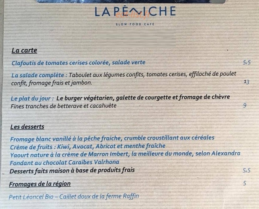 Carte et menu de La Péniche Slow food café à Tournon sur Rhone — Les salades, plats du jour et fromages