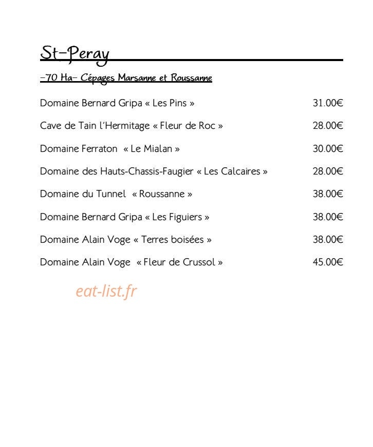 Carte et menu de Restaurant le Tournesol à Tournon sur Rhone — Les vins Saint Peray