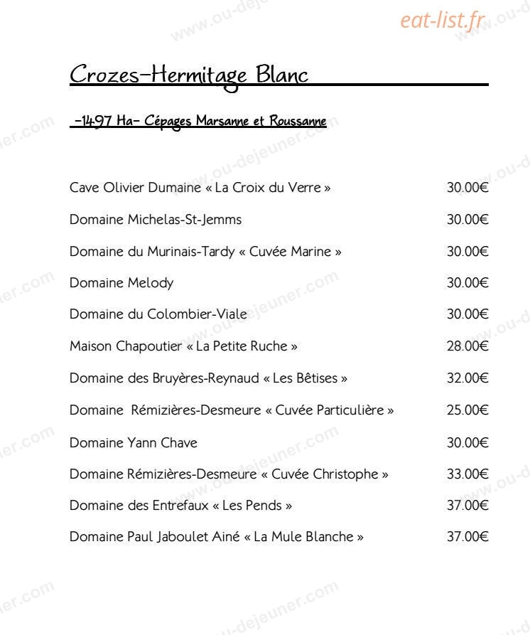 Carte et menu de Restaurant le Tournesol à Tournon sur Rhone — Les vins Crozes Hermitage blanc
