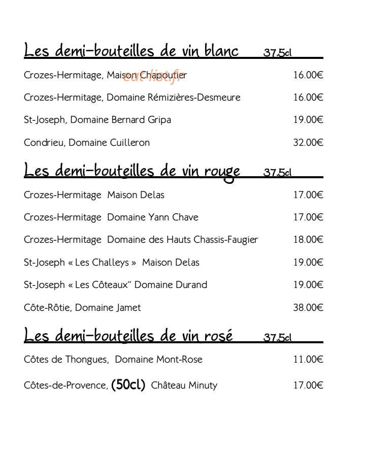 Carte et menu de Restaurant le Tournesol à Tournon sur Rhone — Les demi-bouteilles de vin blanc, les demi-bouteilles de vin rouge...