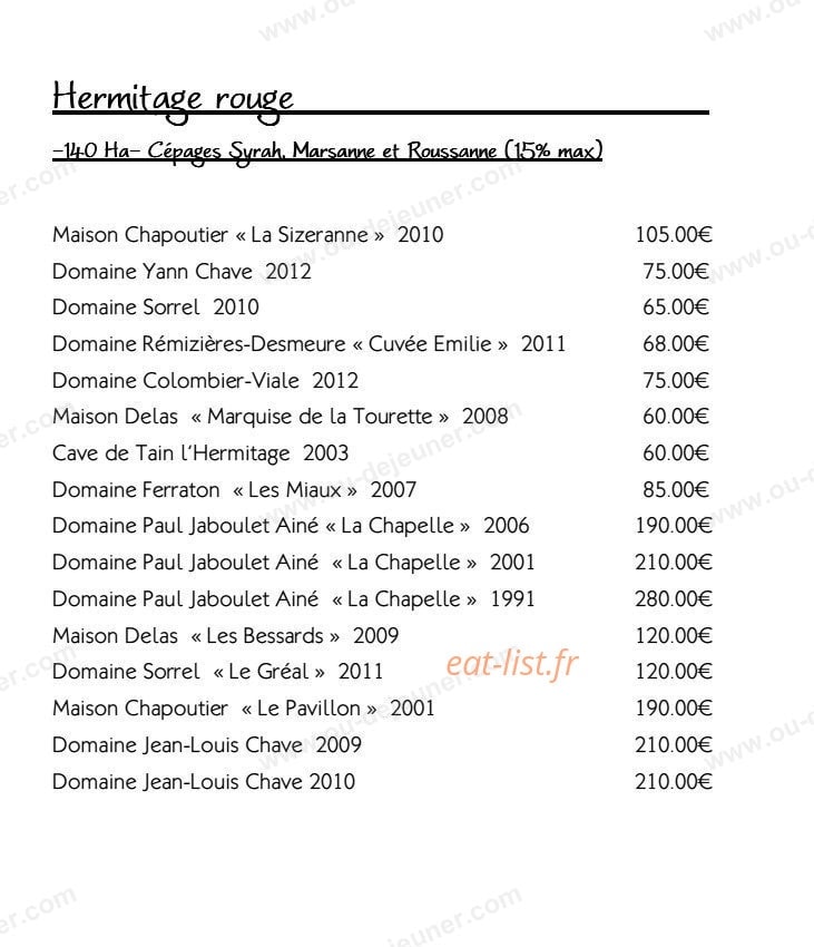 Carte et menu de Restaurant le Tournesol à Tournon sur Rhone — Les vins Hermitage rouge