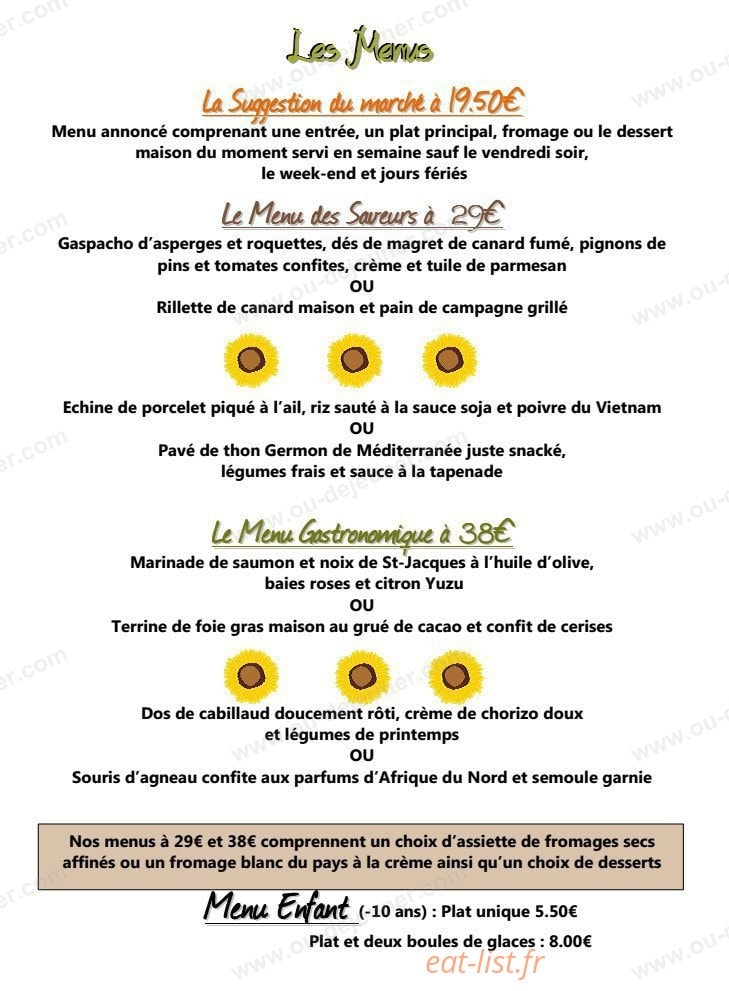Carte et menu de Restaurant le Tournesol à Tournon sur Rhone — Les menus