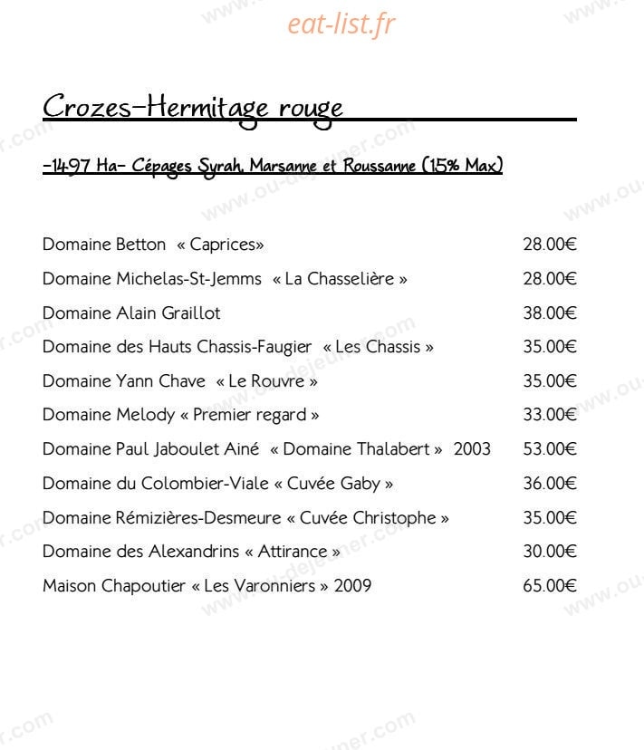 Carte et menu de Restaurant le Tournesol à Tournon sur Rhone — Les vins Crozes Hermitage rouge suite
