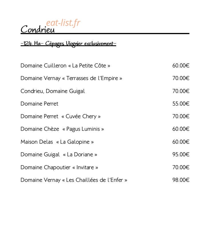 Carte et menu de Restaurant le Tournesol à Tournon sur Rhone — Les vins Condrieu