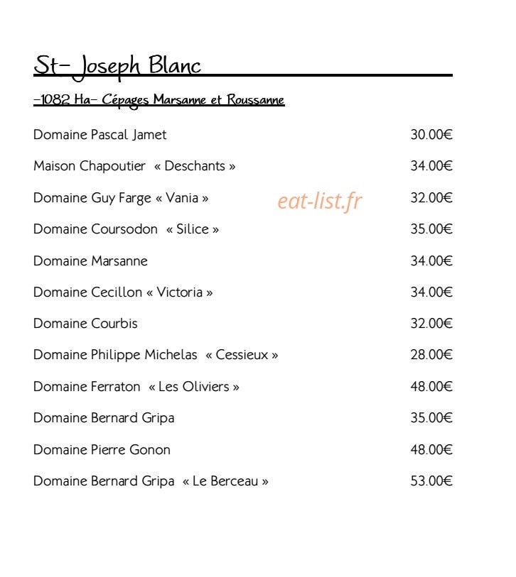 Carte et menu de Restaurant le Tournesol à Tournon sur Rhone — Les vins Saint Joseph blanc