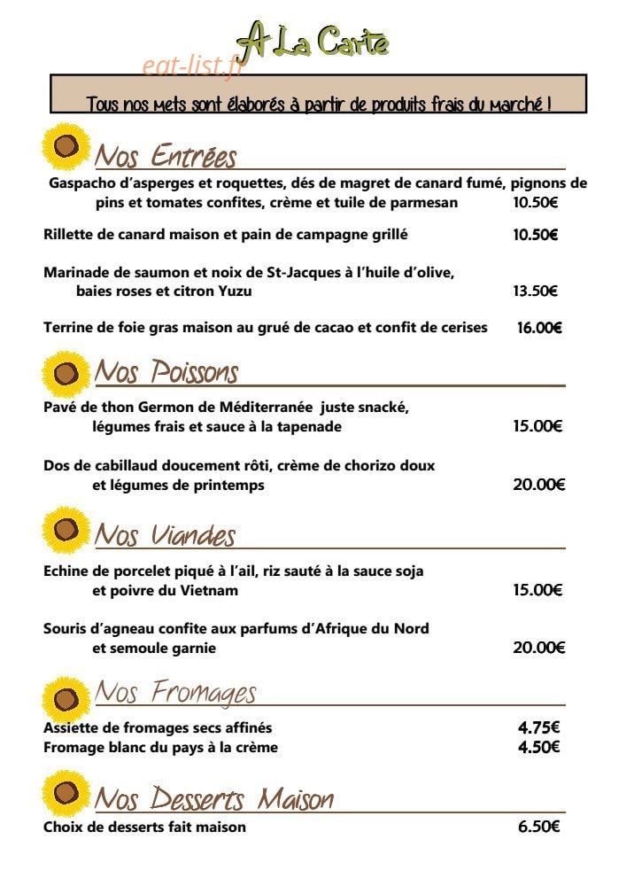 Carte et menu de Restaurant le Tournesol à Tournon sur Rhone — Les entrées, les poissons, les viandes, les fromages...