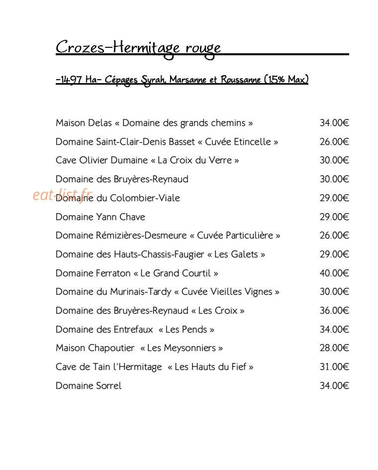 Carte et menu de Restaurant le Tournesol à Tournon sur Rhone — Les vins Crozes Hermitage rouge