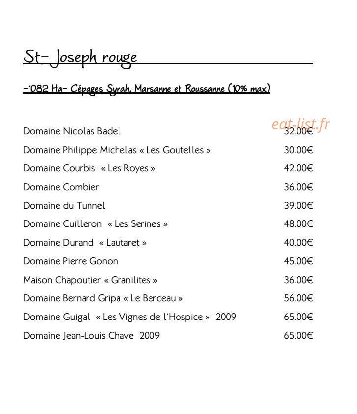 Carte et menu de Restaurant le Tournesol à Tournon sur Rhone — Les vins Saint Joseph rouge suite