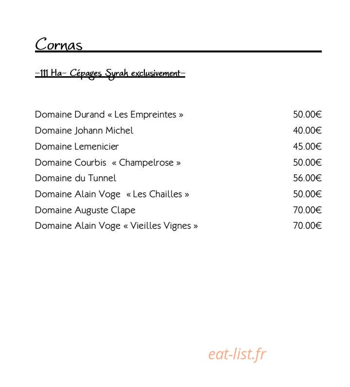 Carte et menu de Restaurant le Tournesol à Tournon sur Rhone — Les cornas