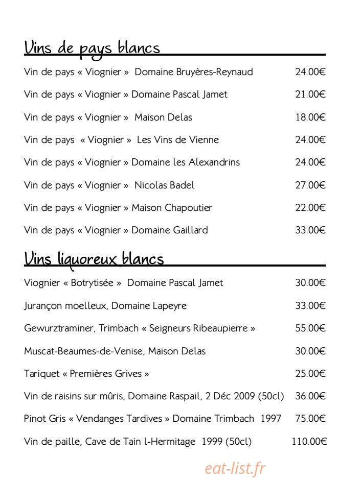 Carte et menu de Restaurant le Tournesol à Tournon sur Rhone — Les vins de pays blancs et vins liquoreux blancs