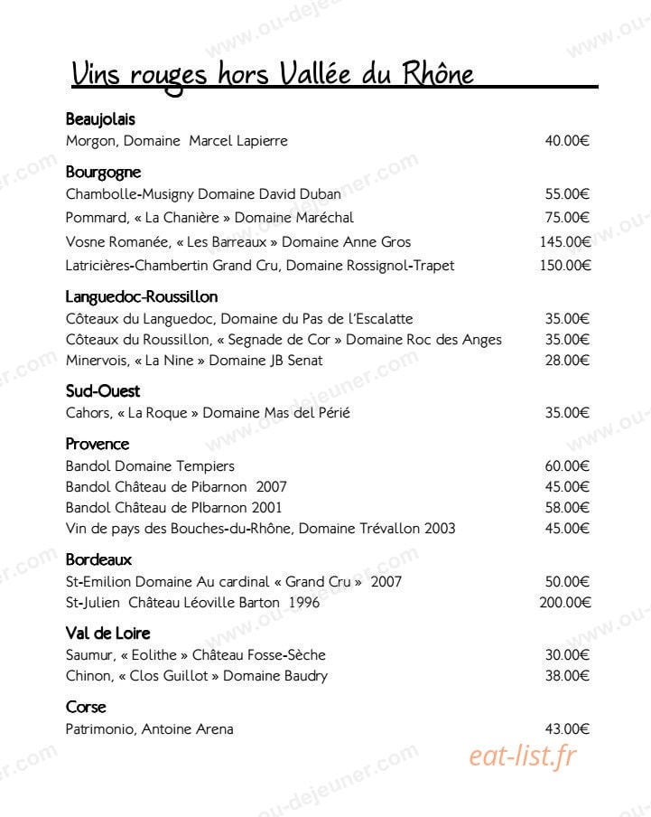 Carte et menu de Restaurant le Tournesol à Tournon sur Rhone — Les vins rouges hors Vallée du Rhône