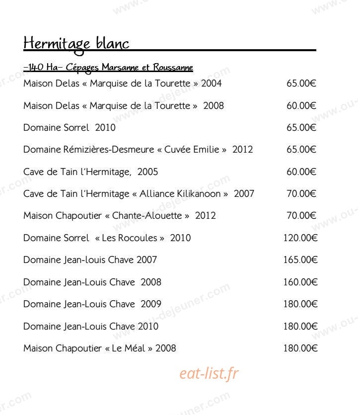 Carte et menu de Restaurant le Tournesol à Tournon sur Rhone — Les vins Hermitage blanc