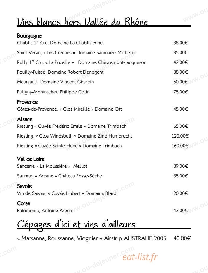 Carte et menu de Restaurant le Tournesol à Tournon sur Rhone — Les vins blancs hors vallée du Rhône et vins d'ailleurs